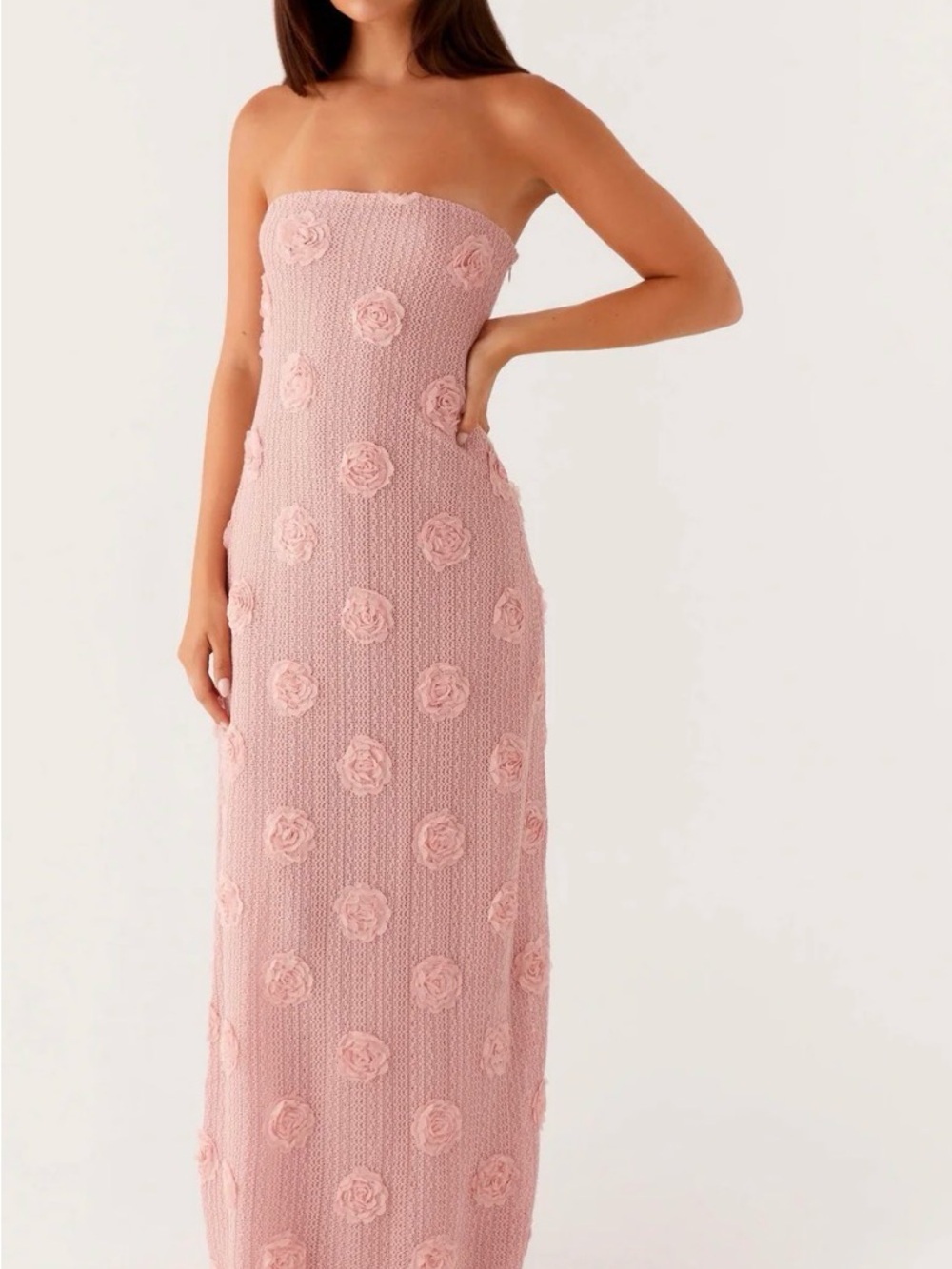 Peppermayo Strapless Rose-Embellished Maxi Dress in Blush Pink